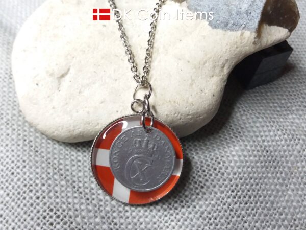 Denmark 1941 coin necklace. 83 year C initial 2 ore coin pendant + cabochon with a Danish flag.