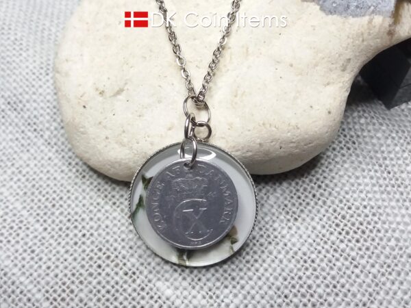 Denmark 1941 coin necklace. 83 year C initial 2 ore coin pendant + cabochon with house sparrows.