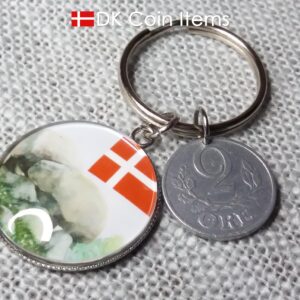 Denmark 1941 coin keychain. 83 year C initial 2 ore coin pendant + cabochon with Stone Age Dolmen picture.