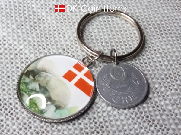 Denmark 1941 coin keychain. 83 year C initial 2 ore coin pendant + cabochon with Stone Age Dolmen picture.