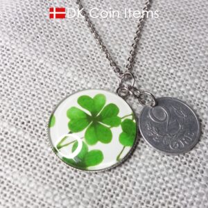 Denmark 2 ore coin pendant necklace + picture of Four-leaf Lucky Clover. Danish 1941 C initial coin.