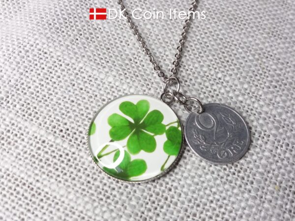 Denmark 2 ore coin pendant necklace + picture of Four-leaf Lucky Clover. Danish 1941 C initial coin.