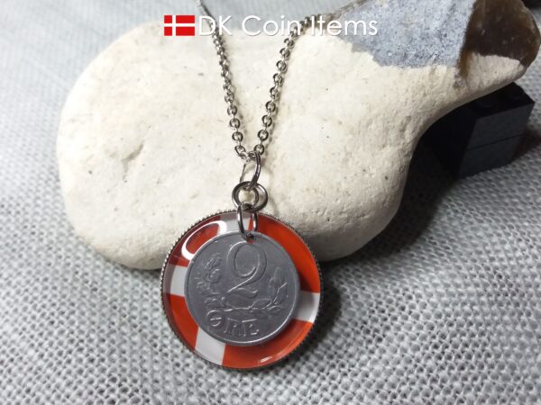 Denmark 1941 coin necklace. 83 year C initial 2 ore coin pendant + cabochon with a Danish flag.