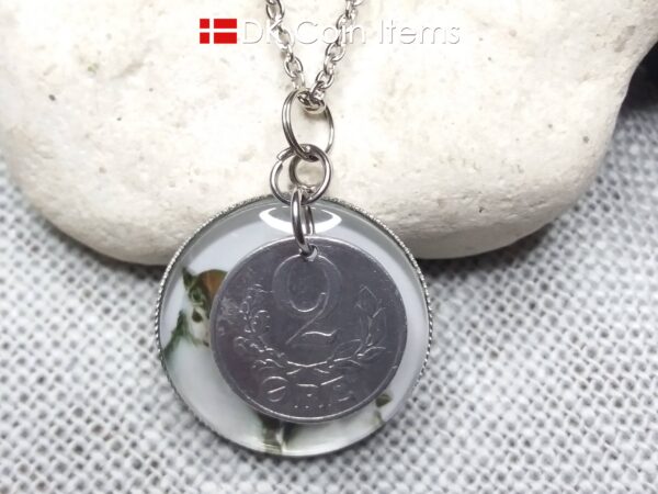 Denmark 1941 coin necklace. 83 year C initial 2 ore coin pendant + cabochon with house sparrows.