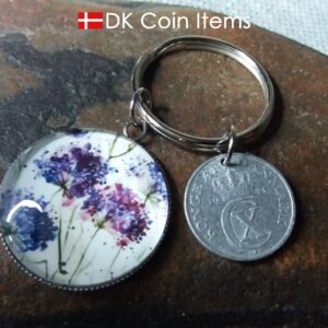 Denmark coin keychain. 2 ore C initial 1941 coin + cabochon with Wild Purple Blossoms picture.