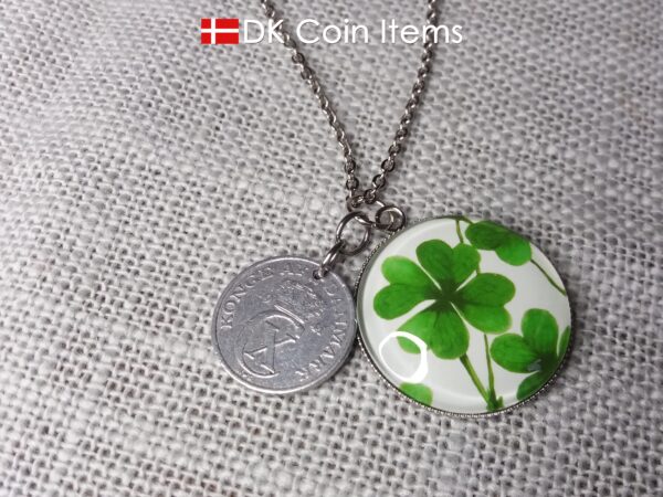 Denmark 2 ore coin pendant necklace + picture of Four-leaf Lucky Clover. Danish 1941 C initial coin.