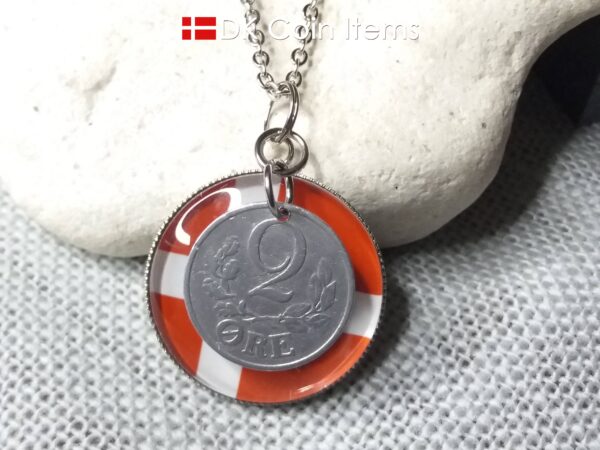 Denmark 1941 coin necklace. 83 year C initial 2 ore coin pendant + cabochon with a Danish flag.