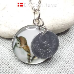 Denmark 1941 coin necklace. 83 year C initial 2 ore coin pendant + cabochon with house sparrows.