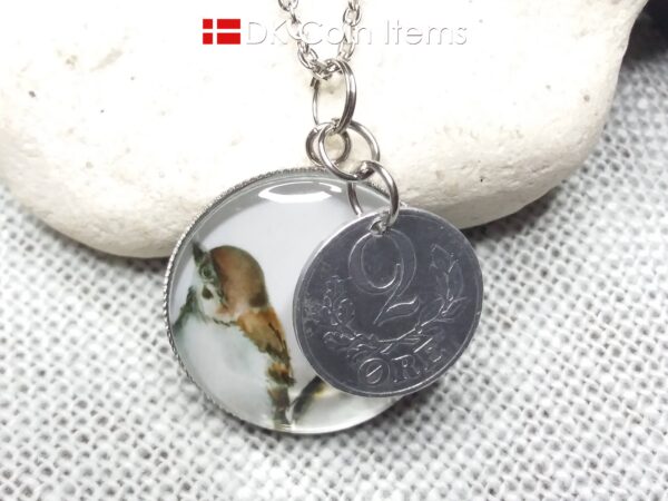 Denmark 1941 coin necklace. 83 year C initial 2 ore coin pendant + cabochon with house sparrows.