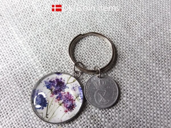 Denmark coin keychain. 2 ore C initial 1941 coin + cabochon with Wild Purple Blossoms picture.