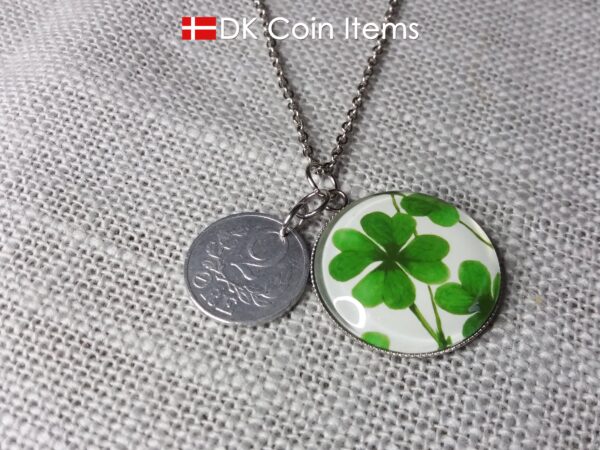 Denmark 2 ore coin pendant necklace + picture of Four-leaf Lucky Clover. Danish 1941 C initial coin.