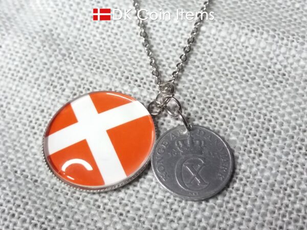 Denmark 1941 coin necklace. 83 year C initial 2 ore coin pendant + cabochon with a Danish flag.