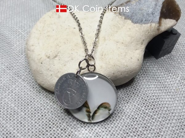 Denmark 1941 coin necklace. 83 year C initial 2 ore coin pendant + cabochon with house sparrows.