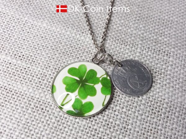 Denmark 2 ore coin pendant necklace + picture of Four-leaf Lucky Clover. Danish 1941 C initial coin.