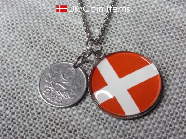 Denmark 1941 coin necklace. 83 year C initial 2 ore coin pendant + cabochon with a Danish flag.