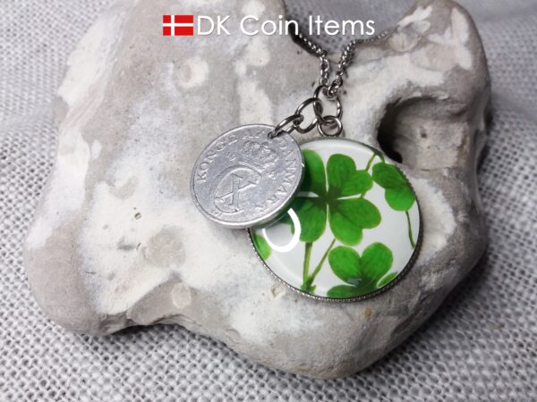 Denmark 2 ore coin pendant necklace + picture of Four-leaf Lucky Clover. Danish 1941 C initial coin.