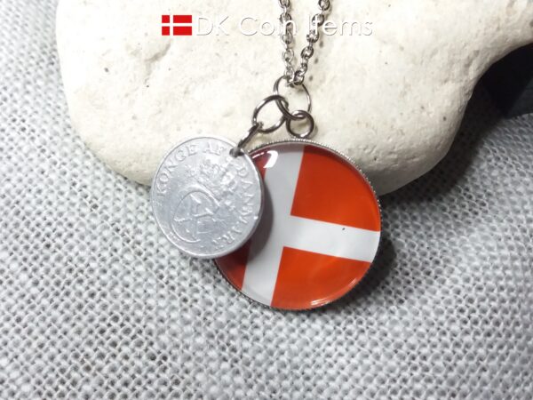 Denmark 1941 coin necklace. 83 year C initial 2 ore coin pendant + cabochon with a Danish flag.