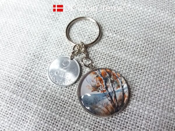 Denmark 1969 R coin + cabochon pendant keychain. Danish 55 year old 2 ore coin. Red tree picture.