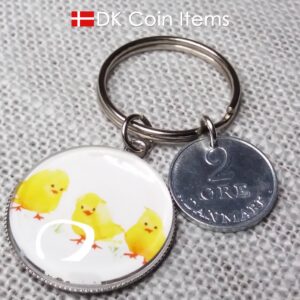 Denmark 1969 coin keychain. 55 year R initial 2 ore coin pendant + cabochon with Three Yellow Chicks picture.