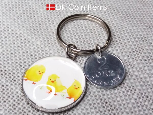 Denmark 1969 coin keychain. 55 year R initial 2 ore coin pendant + cabochon with Three Yellow Chicks picture.