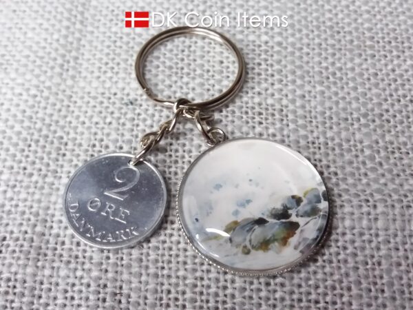 Denmark 1969 R coin + cabochon pendant keychain. Danish 55 year old 2 ore coin. Bronze age picture.