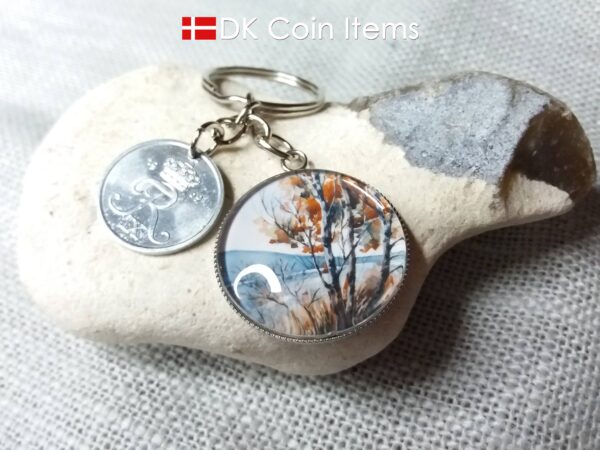 Denmark 1969 R coin + cabochon pendant keychain. Danish 55 year old 2 ore coin. Red tree picture.