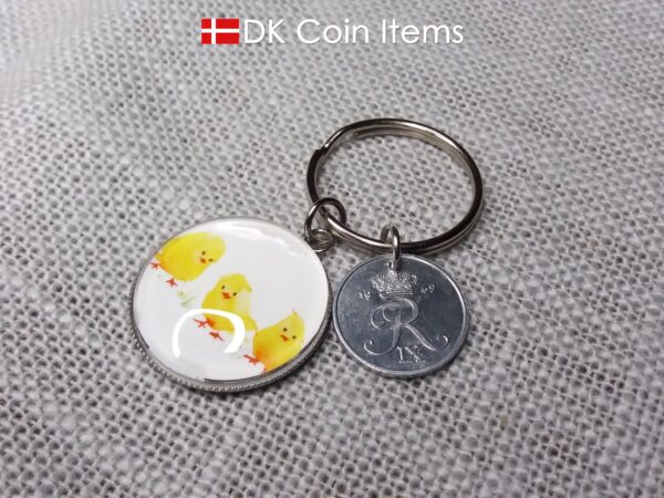 Denmark 1969 coin keychain. 55 year R initial 2 ore coin pendant + cabochon with Three Yellow Chicks picture.