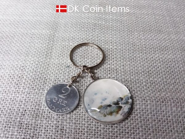 Denmark 1969 R coin + cabochon pendant keychain. Danish 55 year old 2 ore coin. Bronze age picture.