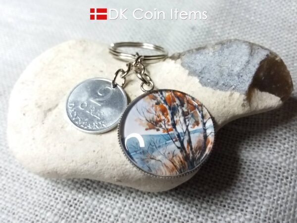 Denmark 1969 R coin + cabochon pendant keychain. Danish 55 year old 2 ore coin. Red tree picture.