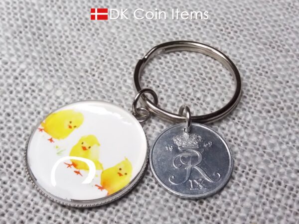 Denmark 1969 coin keychain. 55 year R initial 2 ore coin pendant + cabochon with Three Yellow Chicks picture.