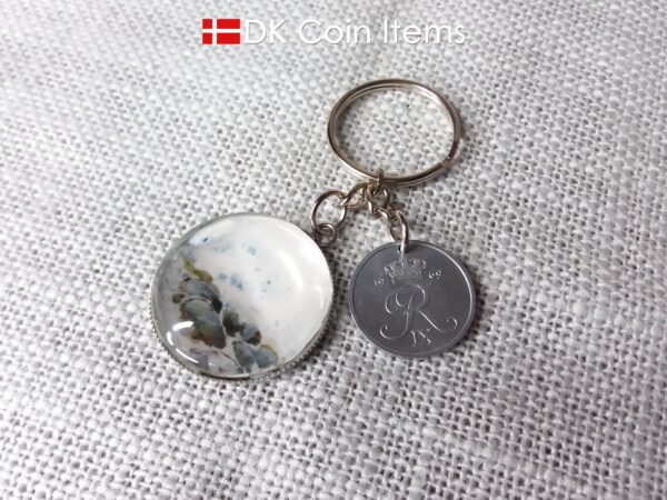 Denmark 1969 R coin + cabochon pendant keychain. Danish 55 year old 2 ore coin. Bronze age picture.