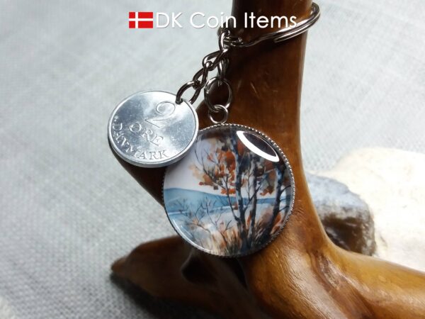 Denmark 1969 R coin + cabochon pendant keychain. Danish 55 year old 2 ore coin. Red tree picture.