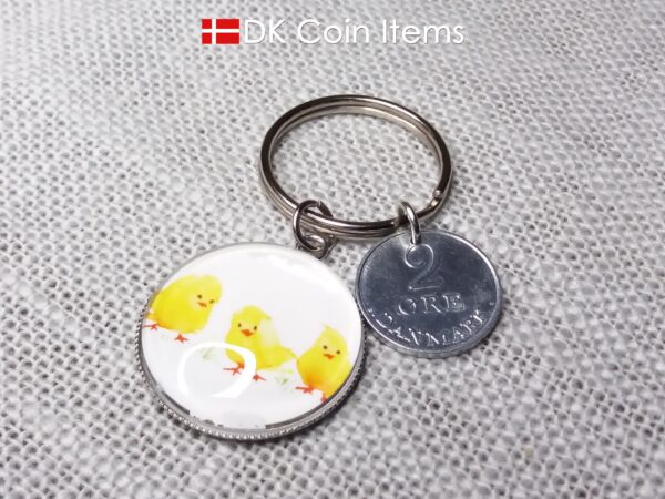 Denmark 1969 coin keychain. 55 year R initial 2 ore coin pendant + cabochon with Three Yellow Chicks picture.