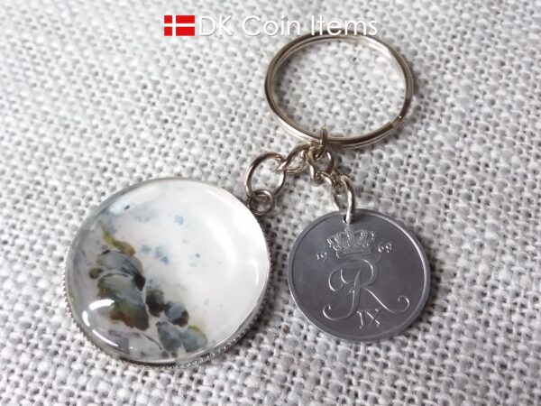 Denmark 1969 R coin + cabochon pendant keychain. Danish 55 year old 2 ore coin. Bronze age picture.