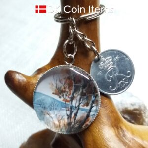 Denmark 1969 R coin + cabochon pendant keychain. Danish 55 year old 2 ore coin. Red tree picture.