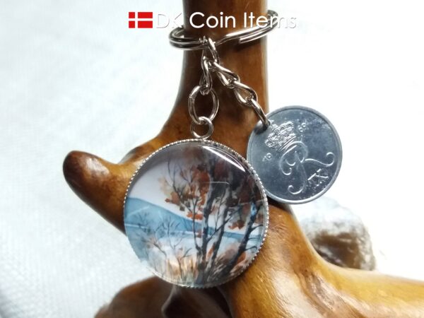 Denmark 1969 R coin + cabochon pendant keychain. Danish 55 year old 2 ore coin. Red tree picture.