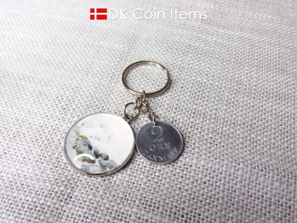 Denmark 1969 R coin + cabochon pendant keychain. Danish 55 year old 2 ore coin. Bronze age picture.