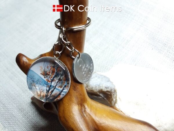 Denmark 1969 R coin + cabochon pendant keychain. Danish 55 year old 2 ore coin. Red tree picture.