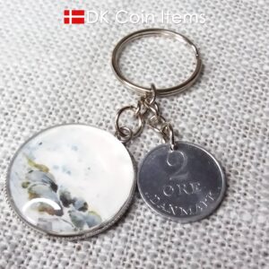 Denmark 1969 R coin + cabochon pendant keychain. Danish 55 year old 2 ore coin. Bronze age picture.