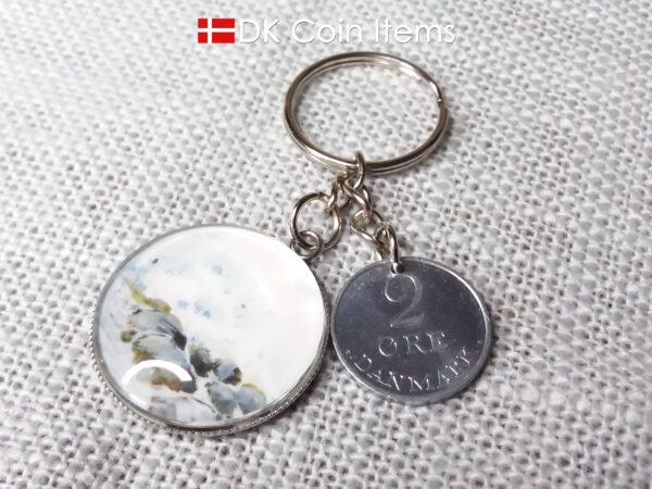 Denmark 1969 R coin + cabochon pendant keychain. Danish 55 year old 2 ore coin. Bronze age picture.