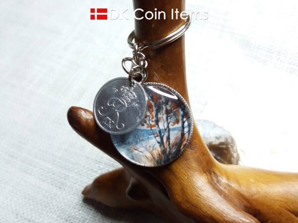 Denmark 1969 R coin + cabochon pendant keychain. Danish 55 year old 2 ore coin. Red tree picture.