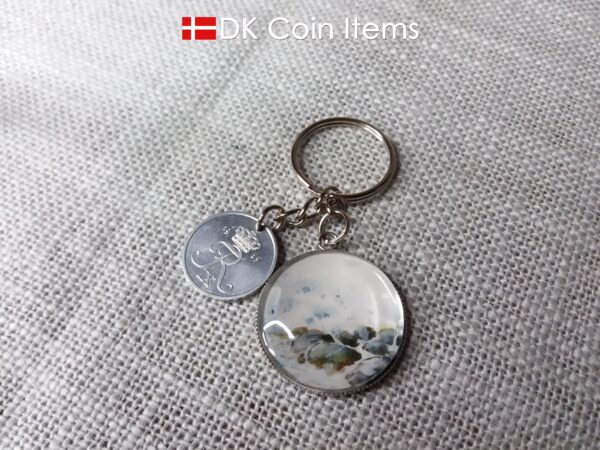 Denmark 1969 R coin + cabochon pendant keychain. Danish 55 year old 2 ore coin. Bronze age picture.