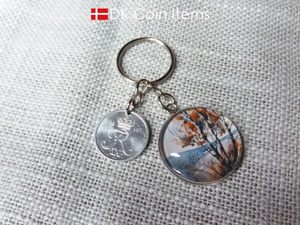 Denmark 1969 R coin + cabochon pendant keychain. Danish 55 year old 2 ore coin. Red tree picture.