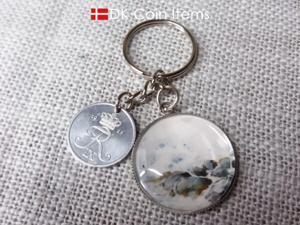 Denmark 1969 R coin + cabochon pendant keychain. Danish 55 year old 2 ore coin. Bronze age picture.