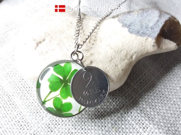 Denmark 2 ore coin pendant necklace + picture of Four-leaf Lucky Clover. Danish 1971 R initial coin.