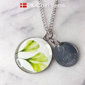 Denmark 2 ore coin pendant necklace + picture of Ginkgo Leaves. Danish 1971 R initial coin.