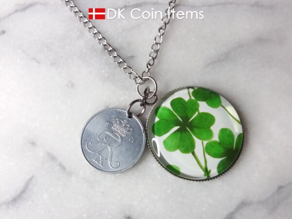 Denmark 2 ore coin pendant necklace + picture of Four-leaf Lucky Clover. Danish 1971 R initial coin.