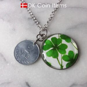 Denmark 2 ore coin pendant necklace + picture of Four-leaf Lucky Clover. Danish 1971 R initial coin.