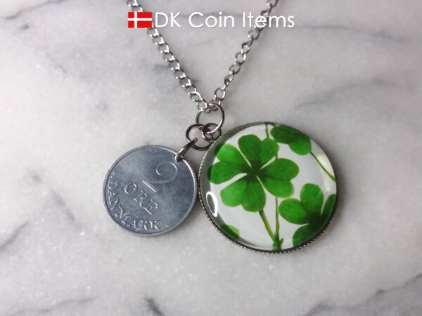 Denmark 2 ore coin pendant necklace + picture of Four-leaf Lucky Clover. Danish 1971 R initial coin.