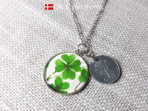 Denmark 2 ore coin pendant necklace + picture of Four-leaf Lucky Clover. Danish 1971 R initial coin.